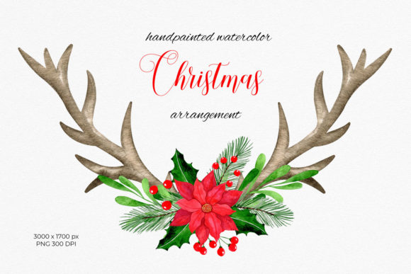 Christmas Floral Arrangement: Elevating Holiday Design with Antlers and Poinsettia Watercolor Clipart