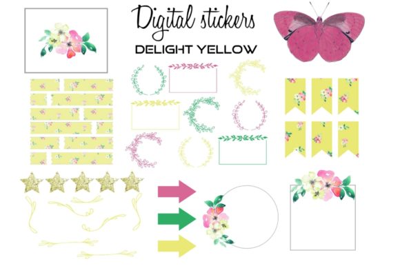 Digital Stickers Floral Frames Yellow 1