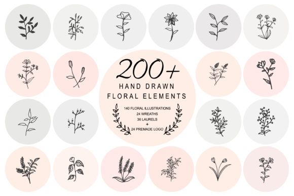 Elevate Your Design Projects with the 200 Hand Drawn Floral Elements Bundle