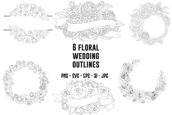 Set of 6 Floral Wedding Outline: Elevating Modern Design with High-Quality Vectors